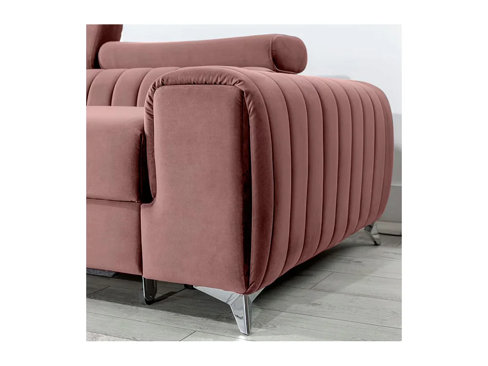 Canapé d'angle convertible velours têtière réglables GRENKY - Coffre, pieds acier chromé-Vieux rose-angle gauche