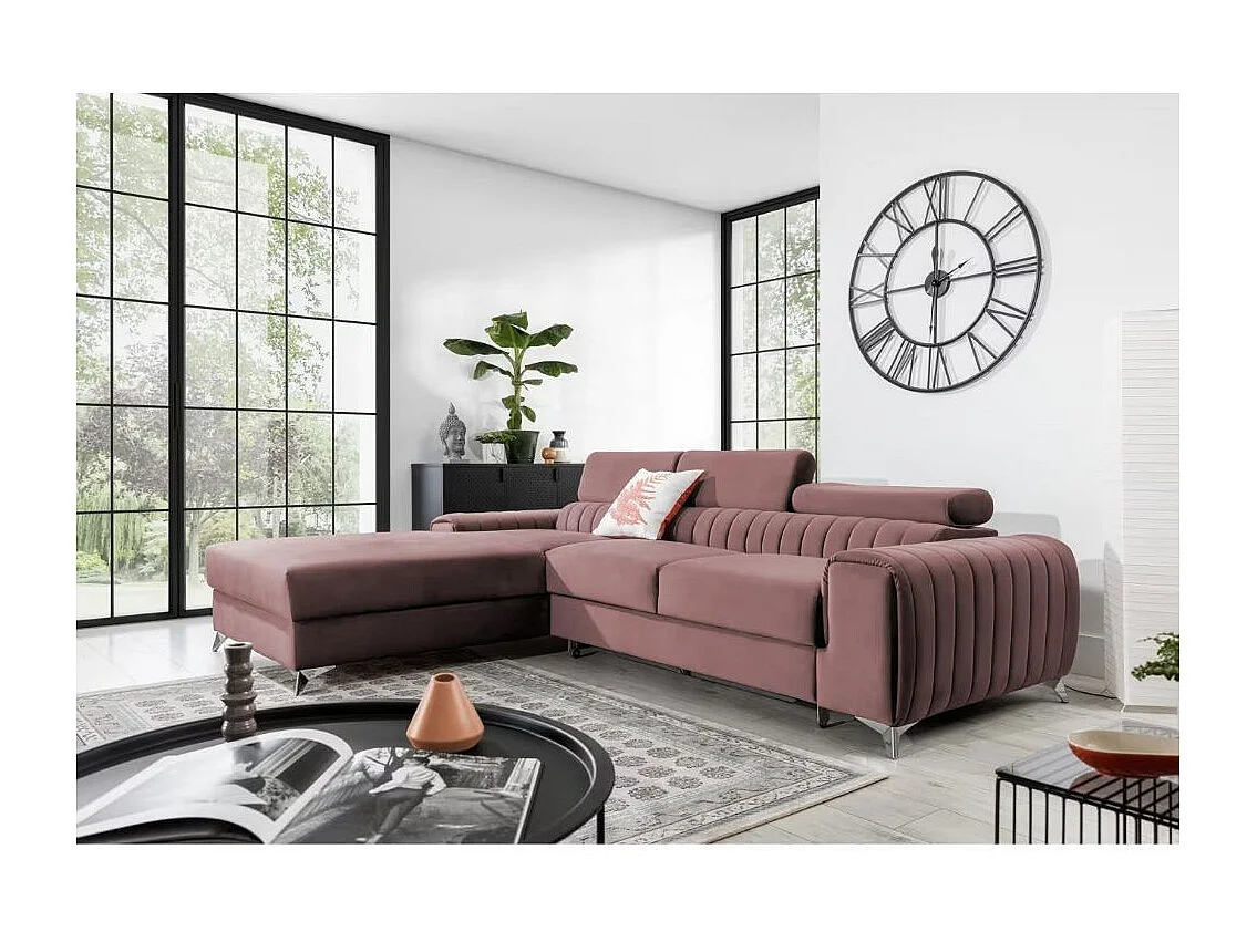 Canapé d'angle convertible velours têtière réglables GRENKY - Coffre, pieds acier chromé-Vieux rose-angle gauche