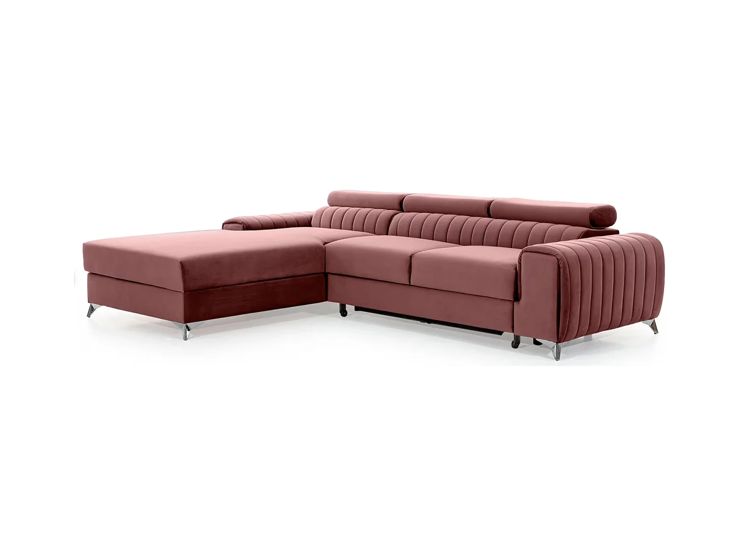 Canapé d'angle convertible velours têtière réglables GRENKY - Coffre, pieds acier chromé-Vieux rose-angle gauche