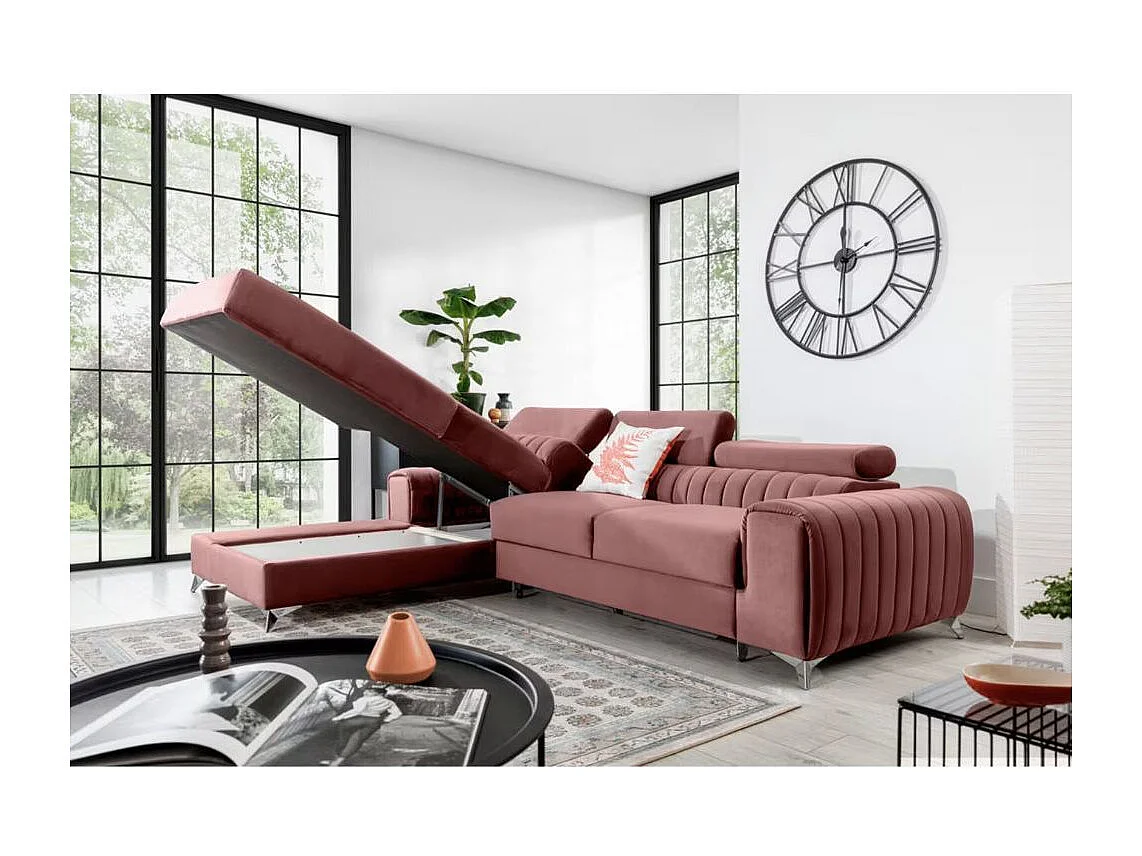 Canapé d'angle convertible velours têtière réglables GRENKY - Coffre, pieds acier chromé-Vieux rose-angle gauche