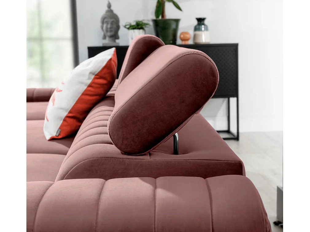 Canapé d'angle convertible velours têtière réglables GRENKY - Coffre, pieds acier chromé-Vieux rose-angle gauche