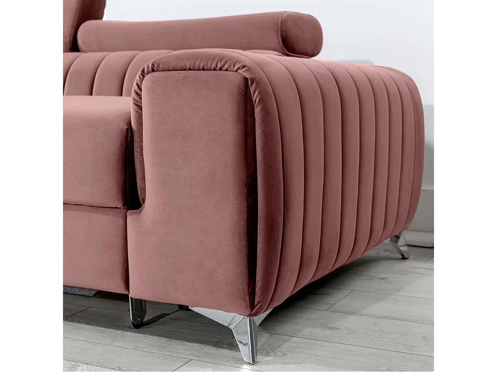 Canapé d'angle convertible velours têtière réglables GRENKY - Coffre, pieds acier chromé-Vieux rose-angle gauche