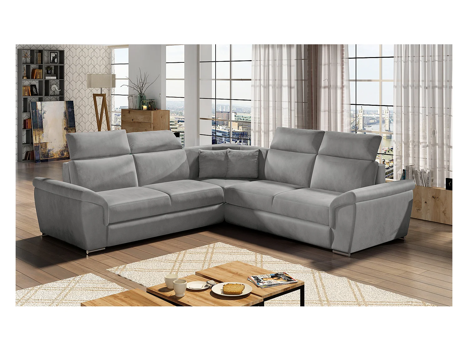 Sofá esquinero Neo reversible y convertible en terciopelo - Patas de acero cromado-Color Gris claro