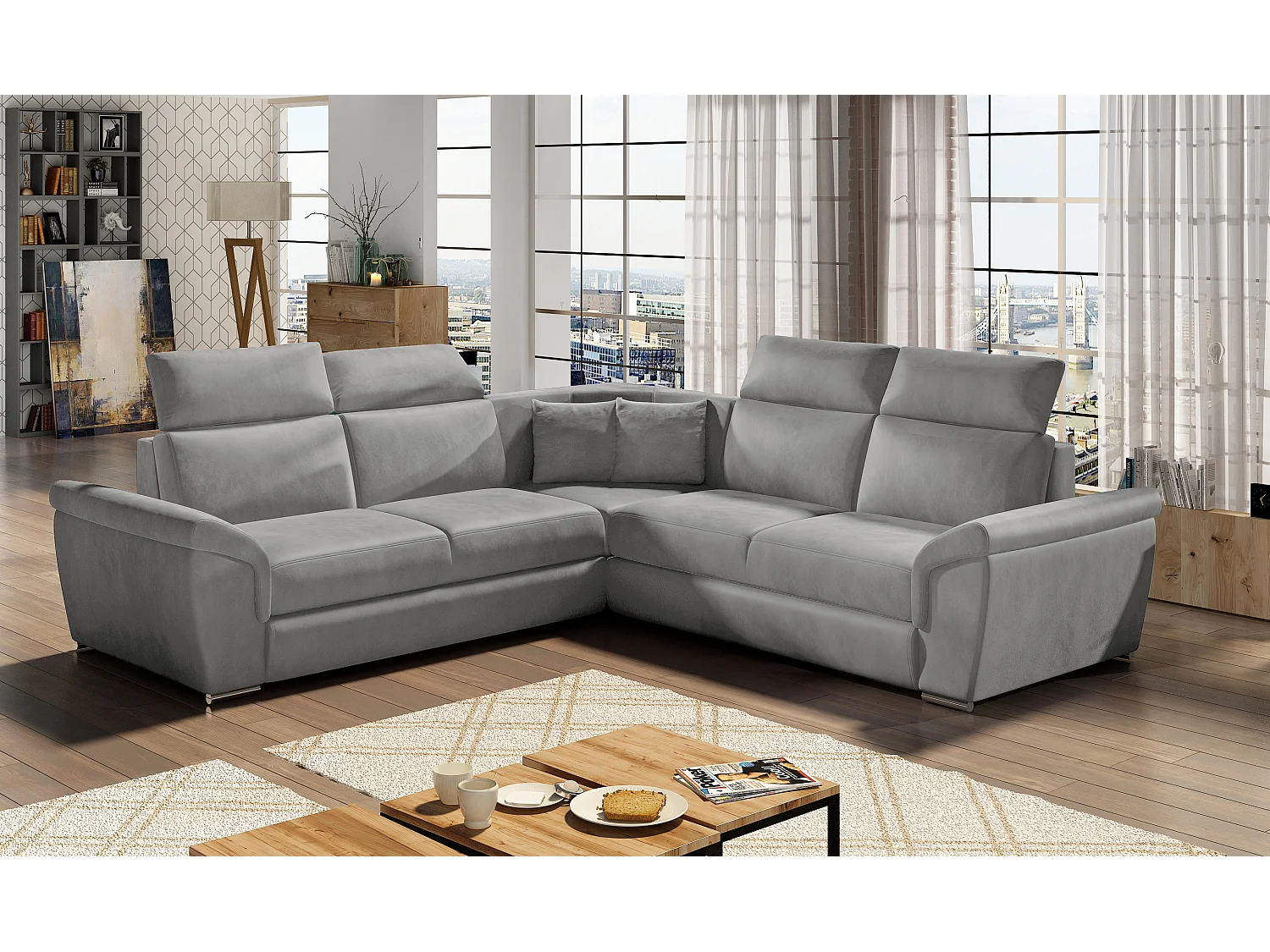 Sofá esquinero Neo reversible y convertible en terciopelo - Patas de acero cromado-Color Gris claro