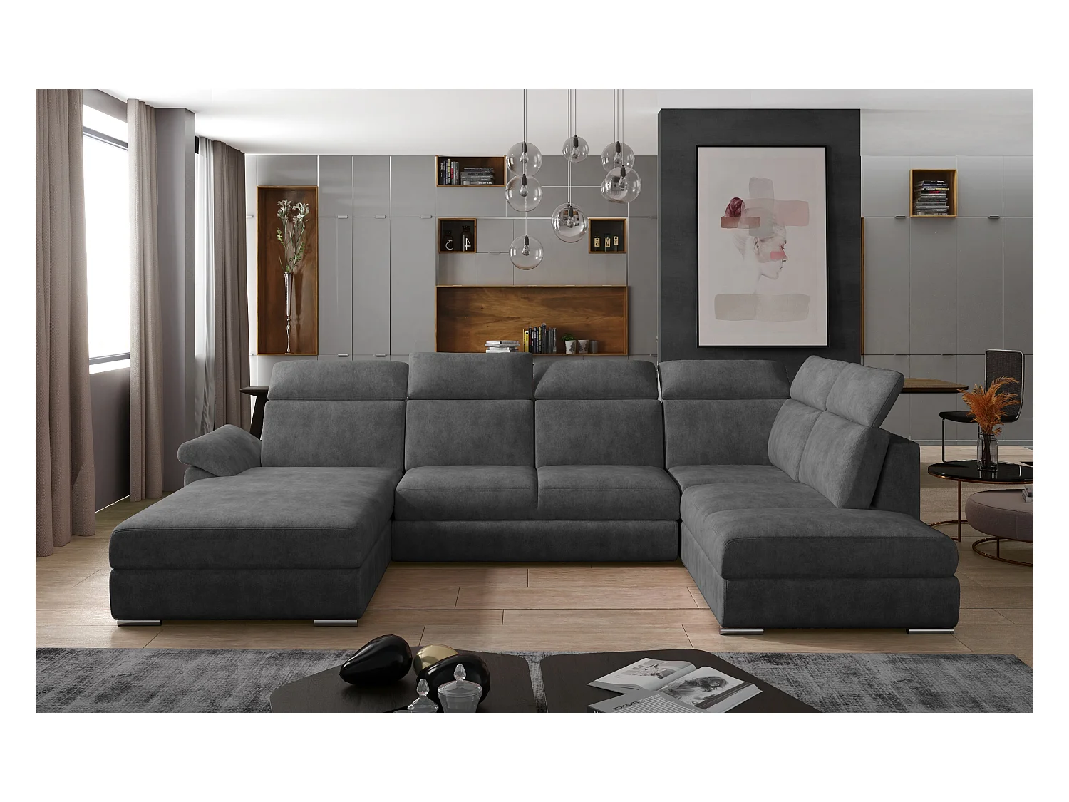 Canapé panoramique convertible LEVANO tissu - Rangement et appuie-têtes réglables-Gris foncé-Coffre à gauche