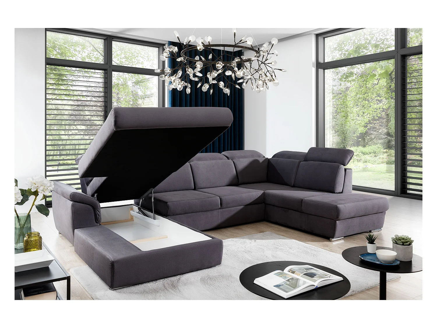 Canapé panoramique convertible LEVANO tissu - Rangement et appuie-têtes réglables-Gris foncé-Coffre à gauche