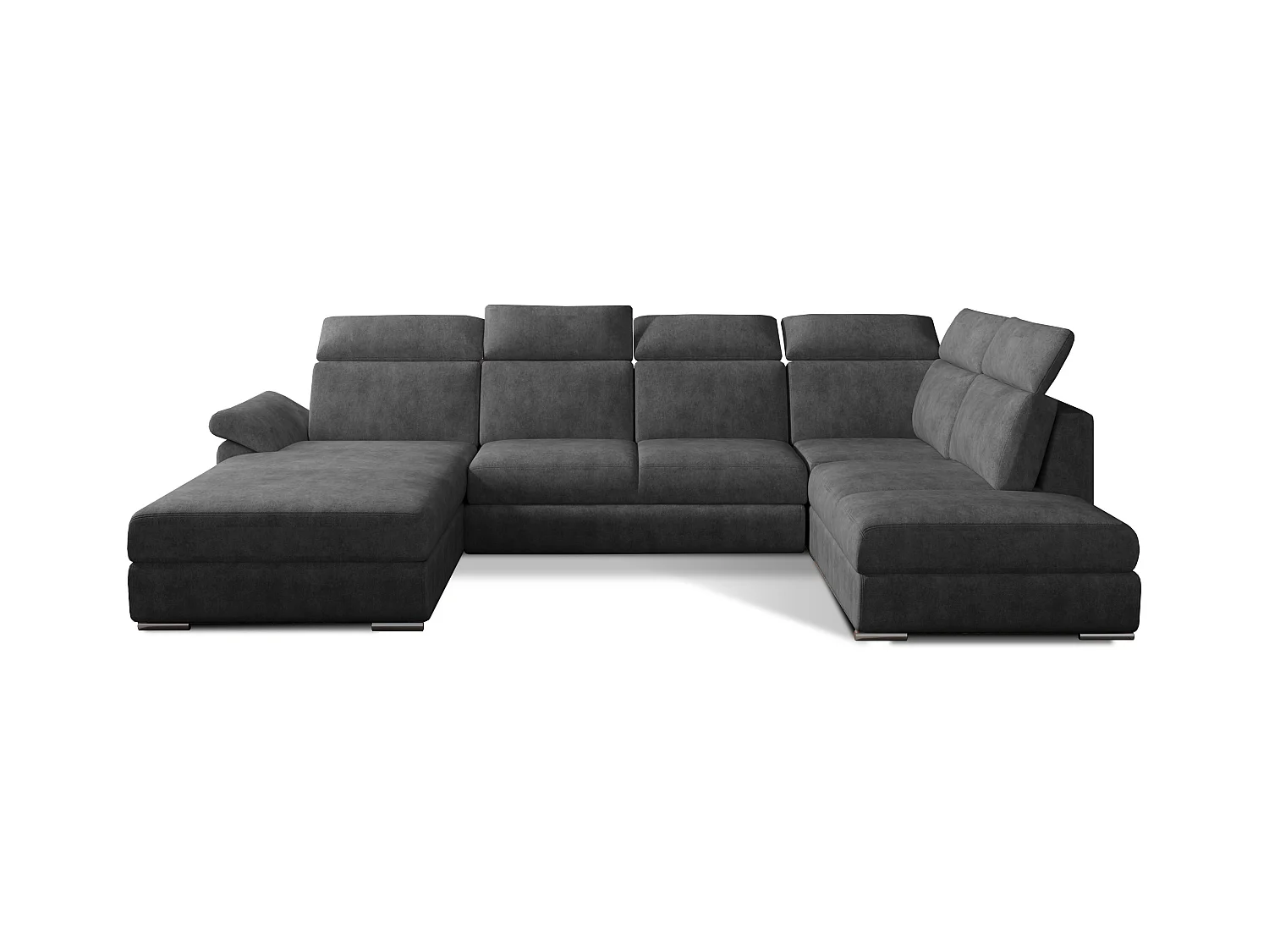 Canapé panoramique convertible LEVANO tissu - Rangement et appuie-têtes réglables-Gris foncé-Coffre à gauche