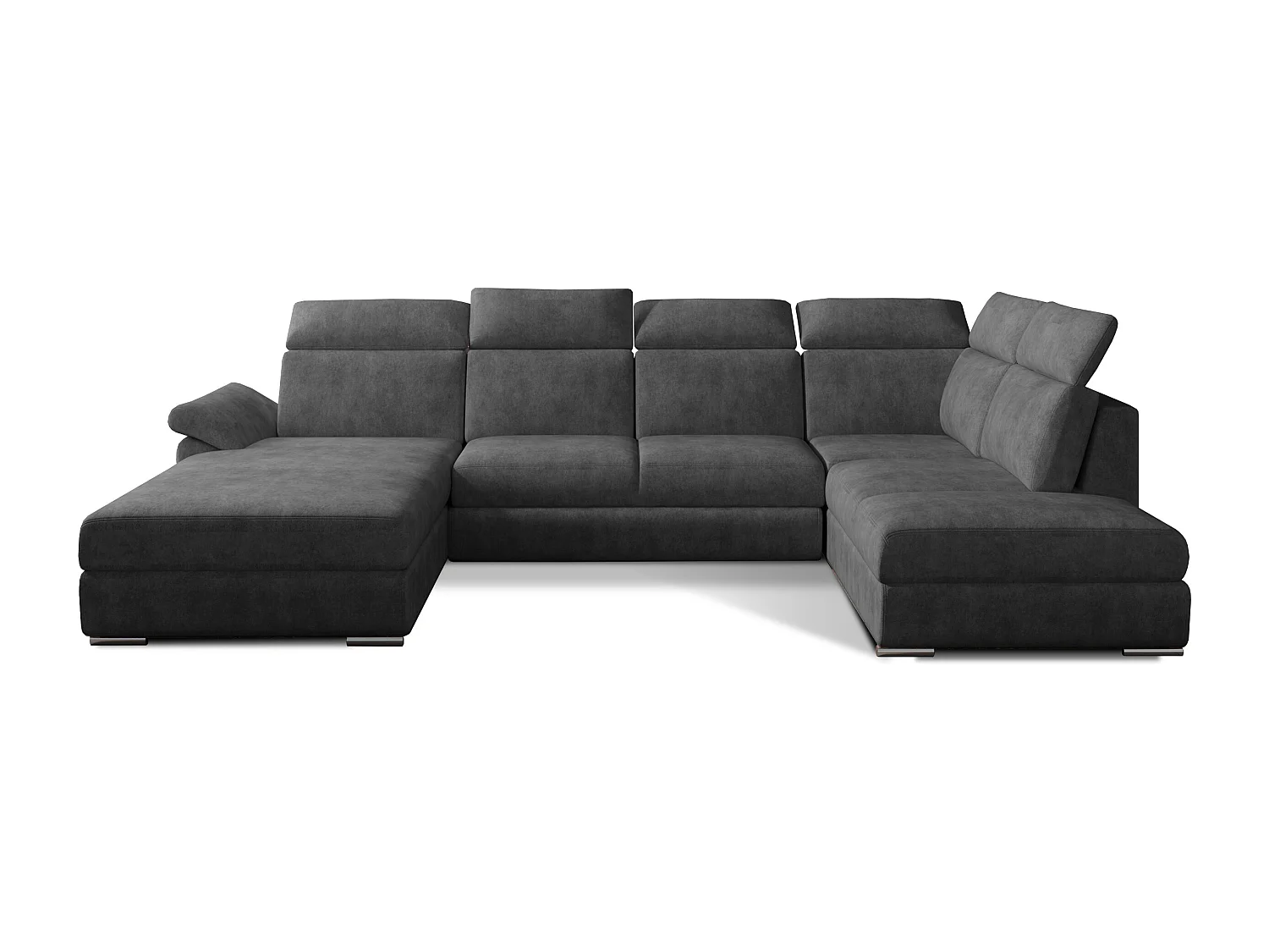 Canapé panoramique convertible LEVANO tissu - Rangement et appuie-têtes réglables-Gris foncé-Coffre à gauche