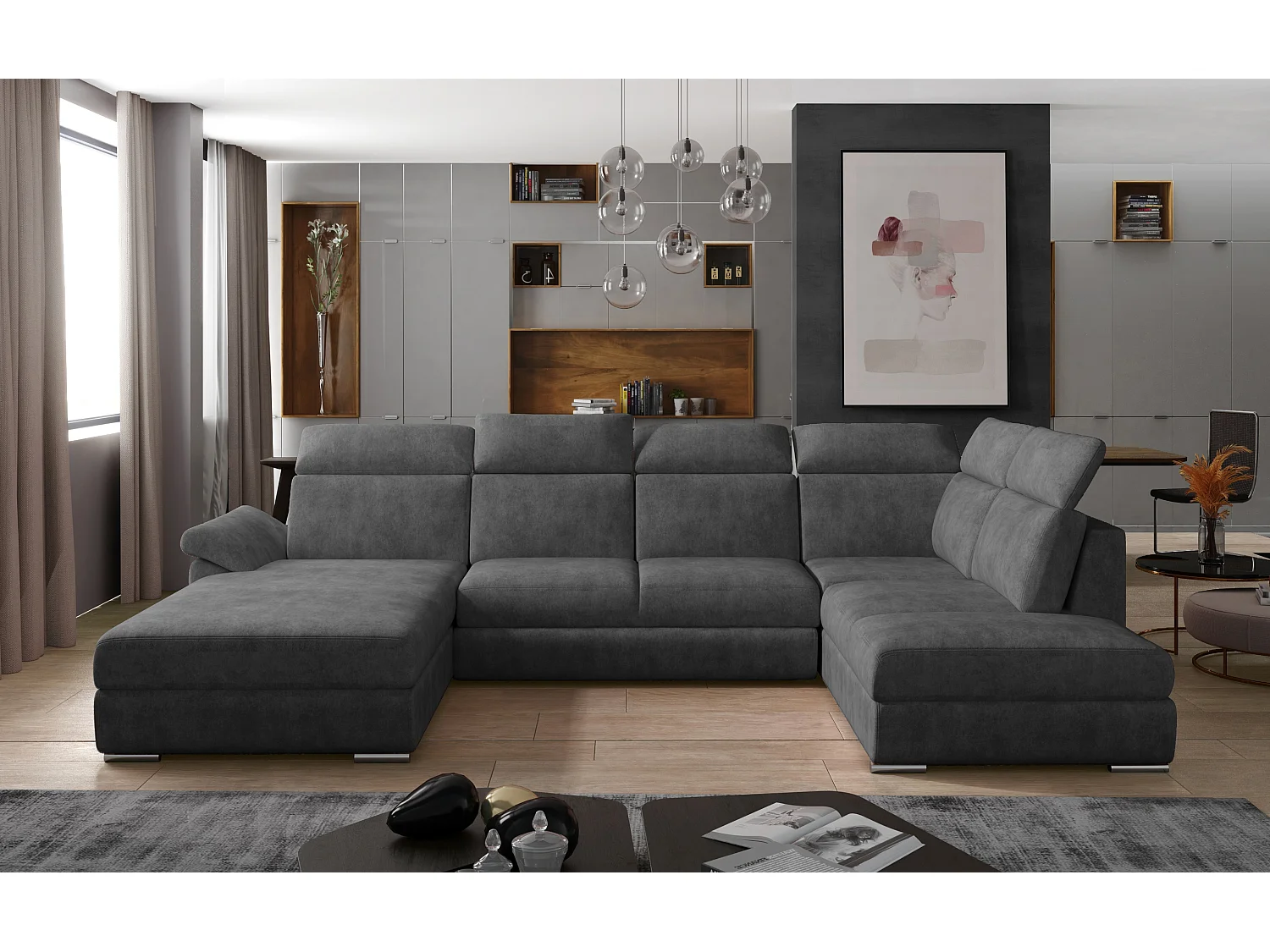 Canapé panoramique convertible LEVANO tissu - Rangement et appuie-têtes réglables-Gris foncé-Coffre à gauche