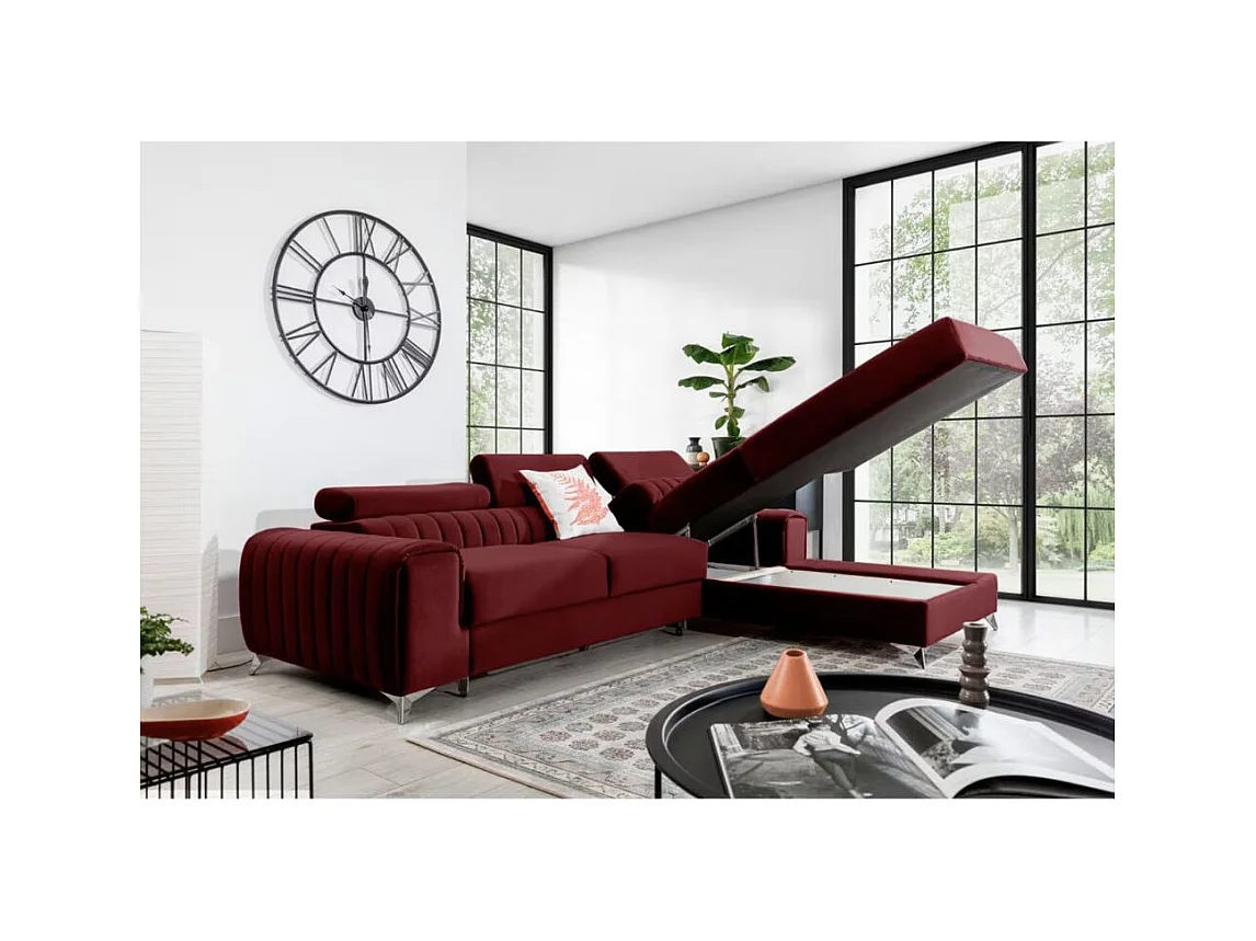 Canapé d'angle convertible velours têtière réglables GRENKY - Coffre, pieds acier chromé-Bordeaux-angle droit