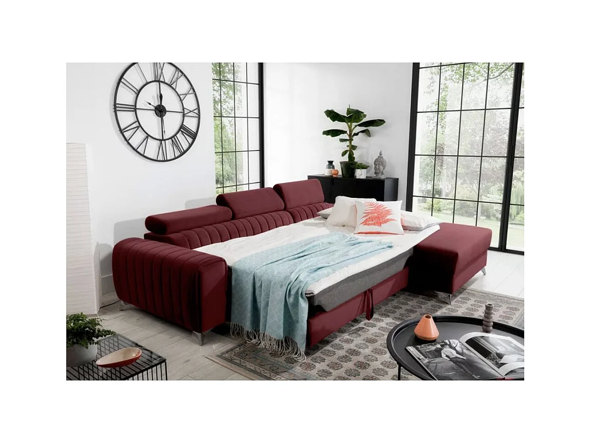 Canapé d'angle convertible velours têtière réglables GRENKY - Coffre, pieds acier chromé-Bordeaux-angle droit