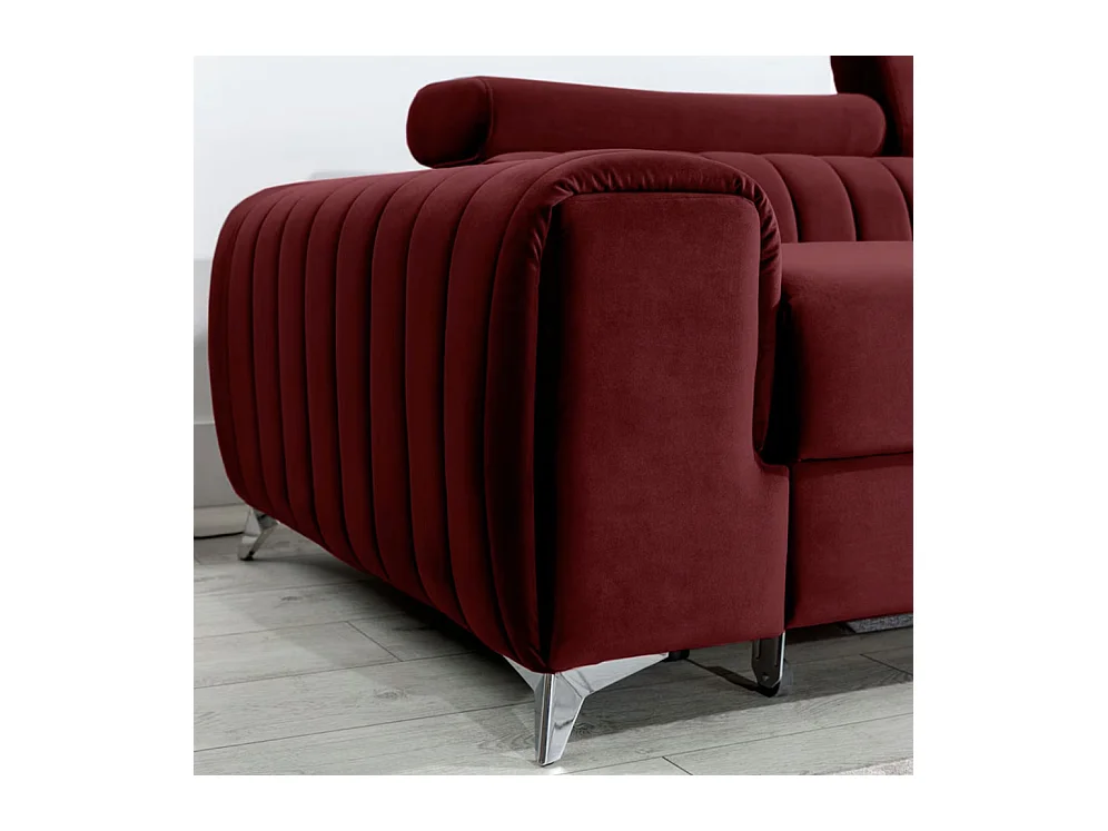 Canapé d'angle convertible velours têtière réglables GRENKY - Coffre, pieds acier chromé-Bordeaux-angle droit