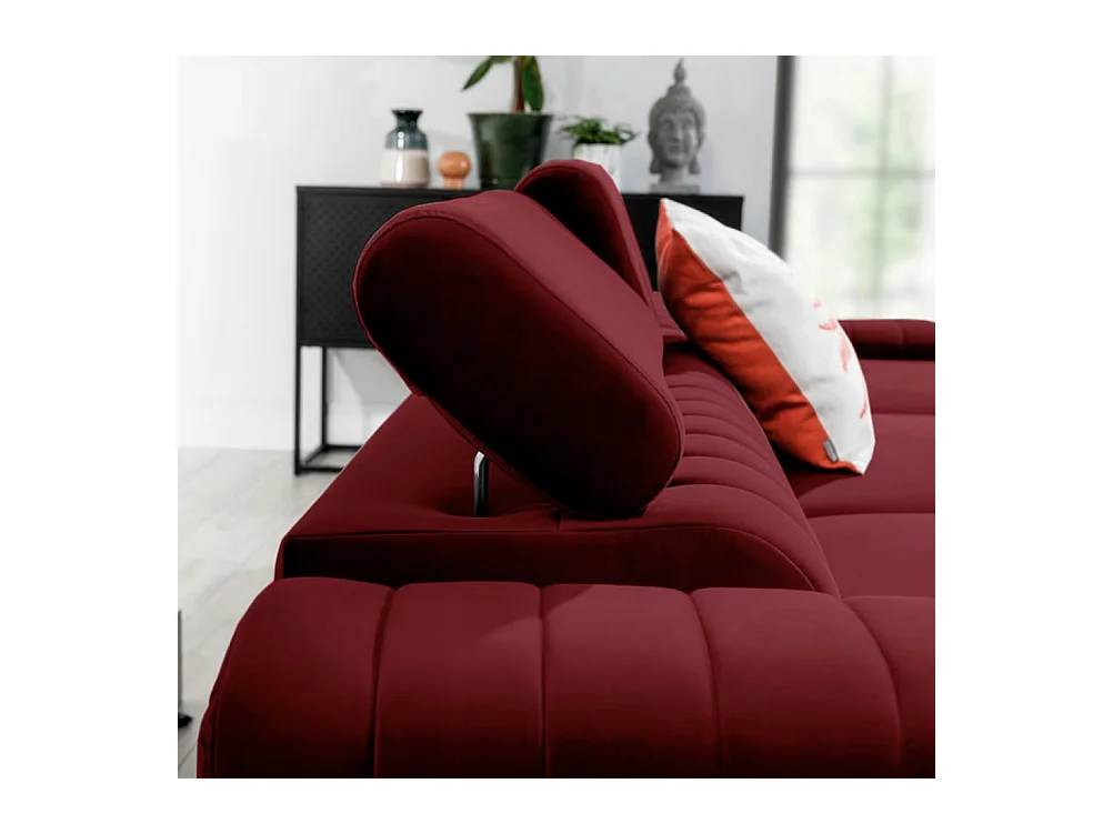 Canapé d'angle convertible velours têtière réglables GRENKY - Coffre, pieds acier chromé-Bordeaux-angle droit