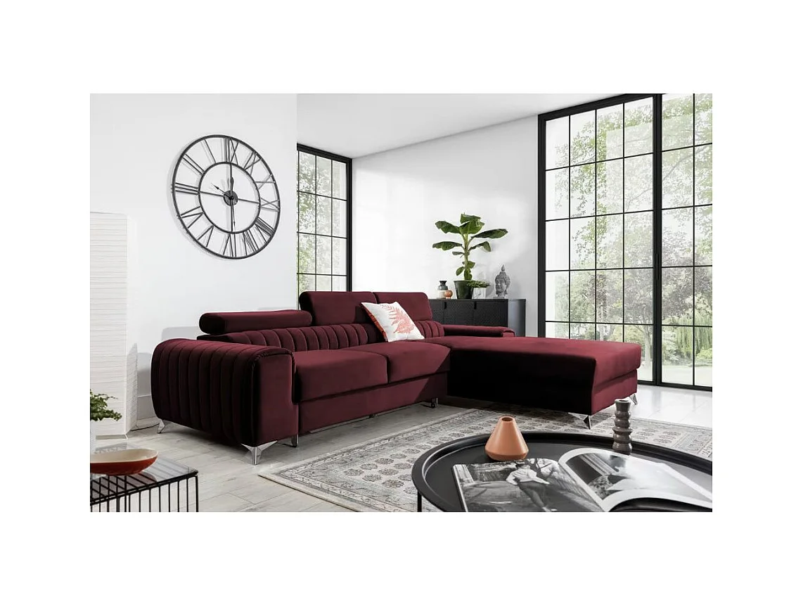 Canapé d'angle convertible velours têtière réglables GRENKY - Coffre, pieds acier chromé-Bordeaux-angle droit