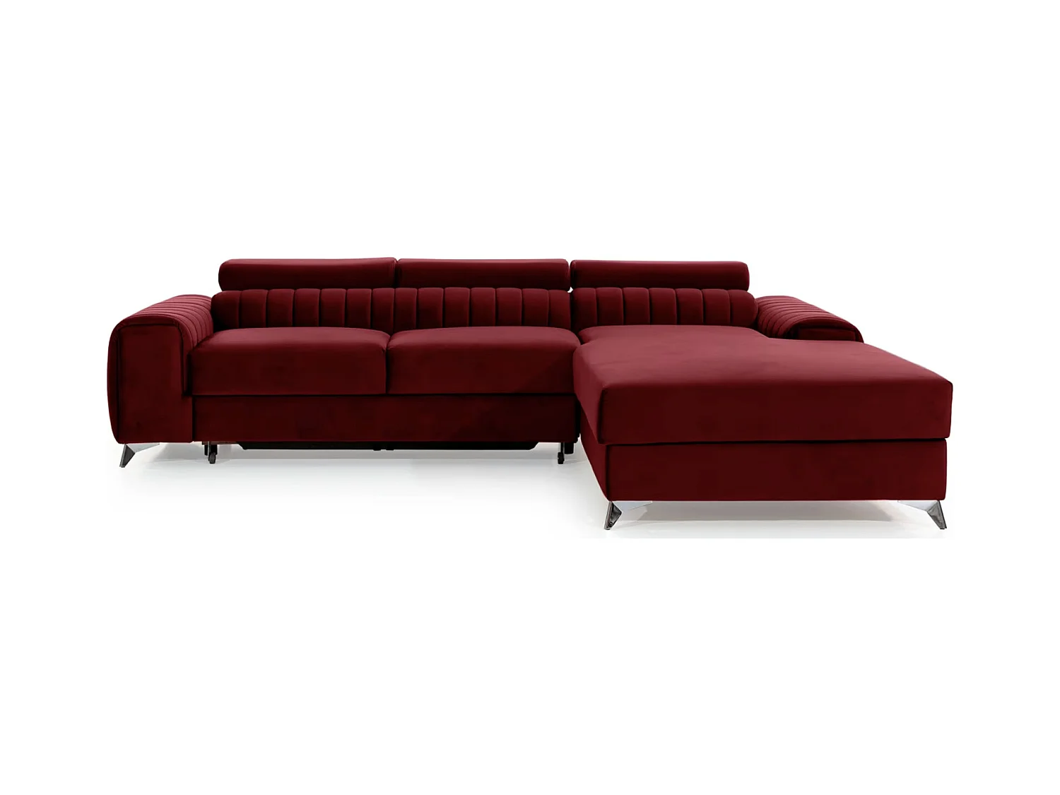 Canapé d'angle convertible velours têtière réglables GRENKY - Coffre, pieds acier chromé-Bordeaux-angle droit