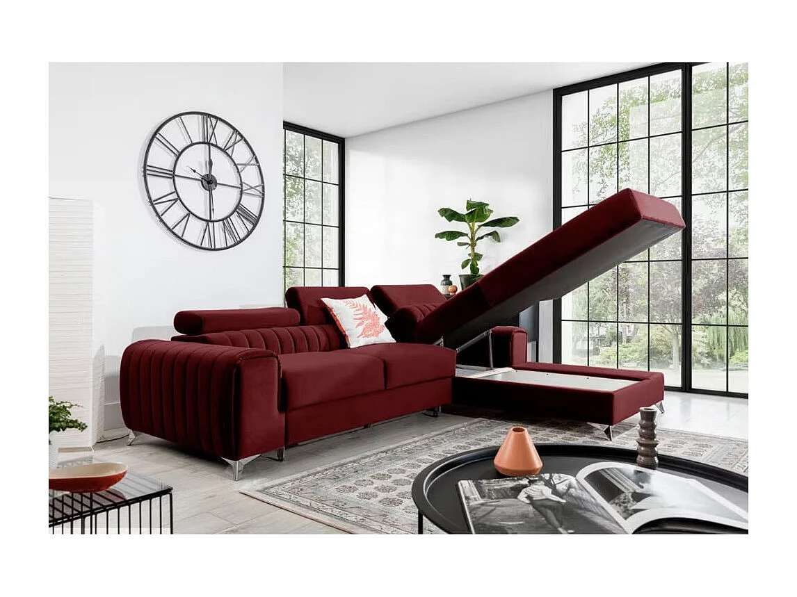Canapé d'angle convertible velours têtière réglables GRENKY - Coffre, pieds acier chromé-Bordeaux-angle droit
