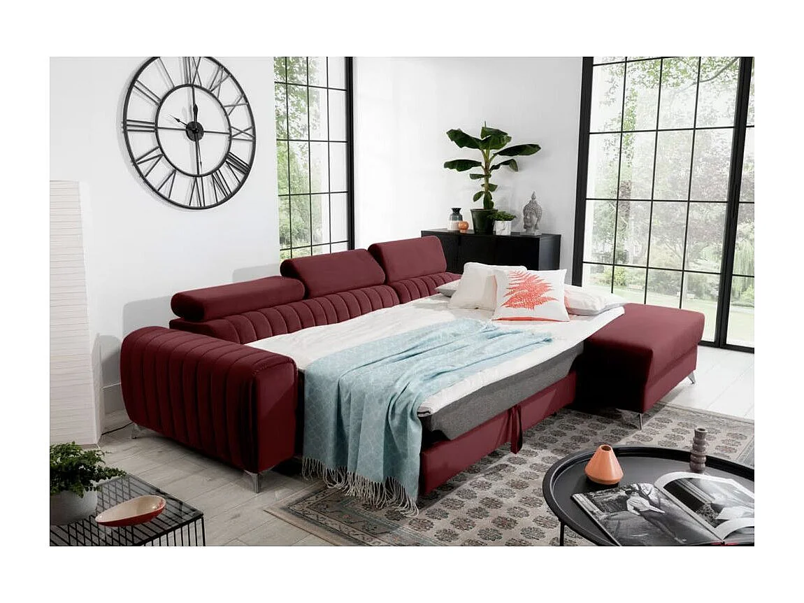 Canapé d'angle convertible velours têtière réglables GRENKY - Coffre, pieds acier chromé-Bordeaux-angle droit