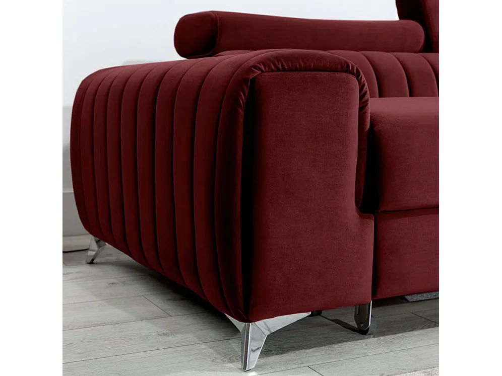 Canapé d'angle convertible velours têtière réglables GRENKY - Coffre, pieds acier chromé-Bordeaux-angle droit