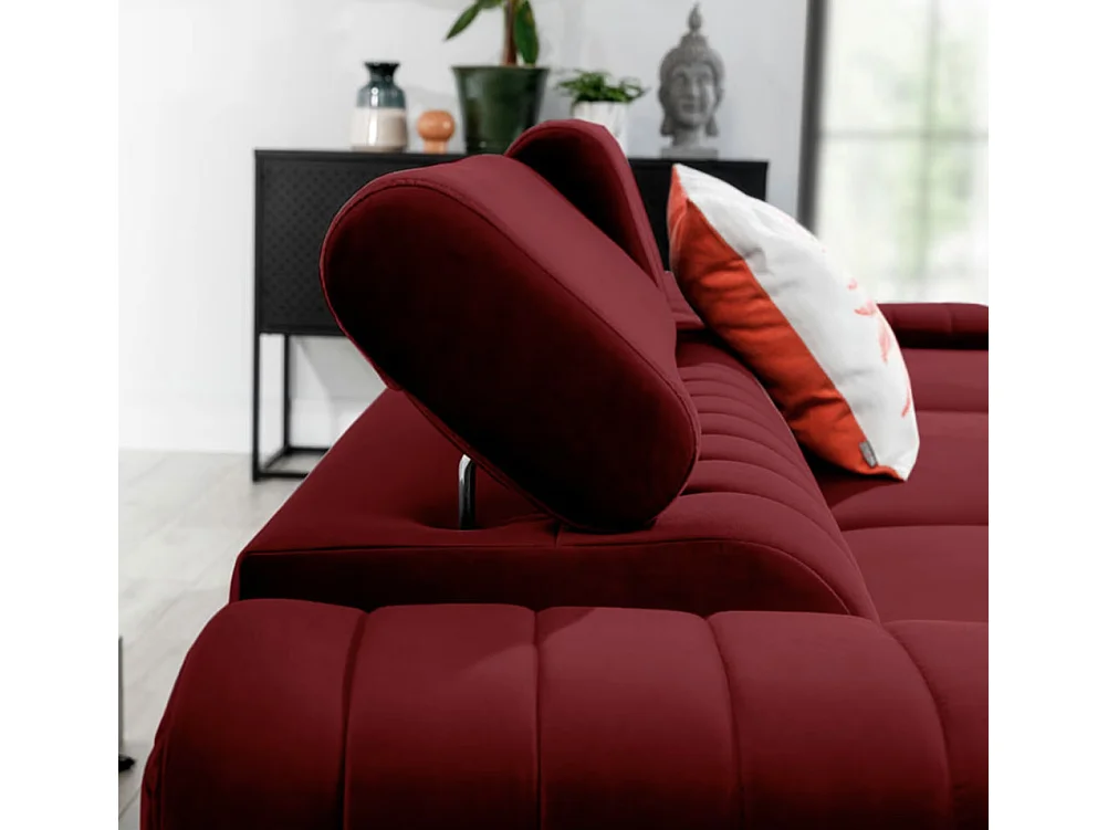 Canapé d'angle convertible velours têtière réglables GRENKY - Coffre, pieds acier chromé-Bordeaux-angle droit