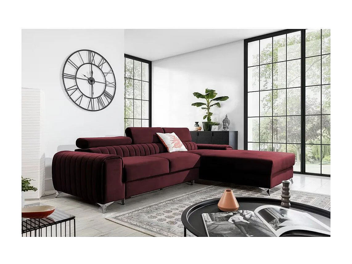 Canapé d'angle convertible velours têtière réglables GRENKY - Coffre, pieds acier chromé-Bordeaux-angle droit
