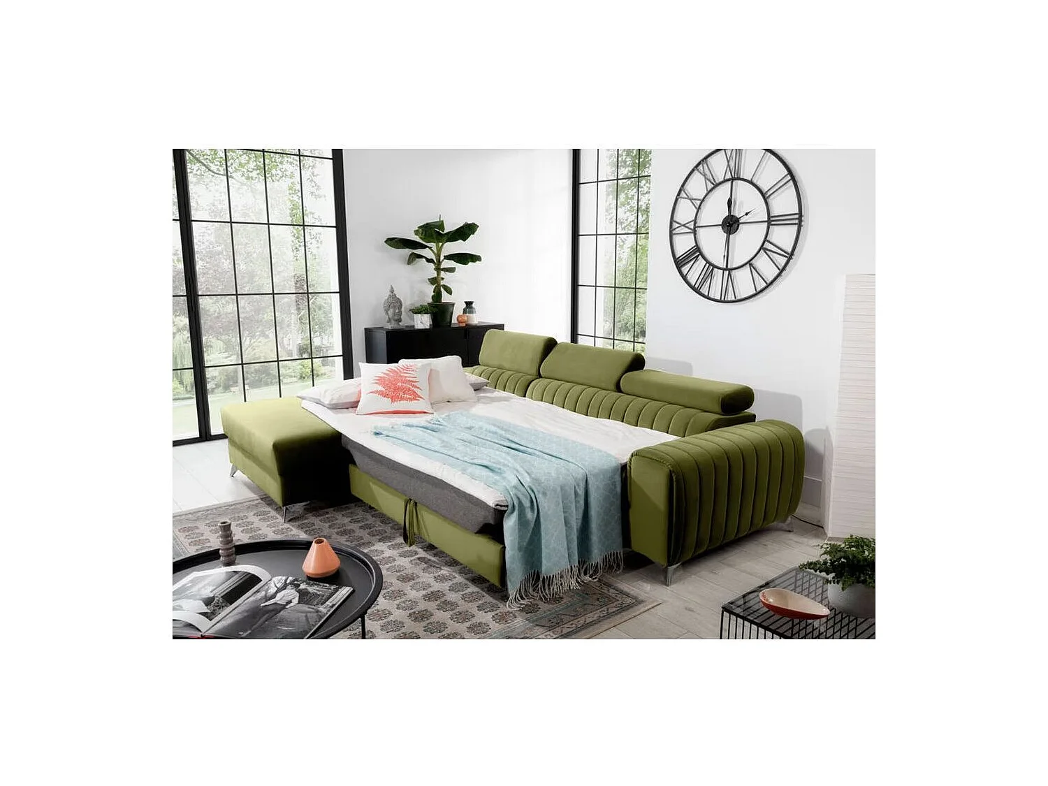 Canapé d'angle convertible velours têtière réglables GRENKY - Coffre, pieds acier chromé-Bordeaux-angle droit