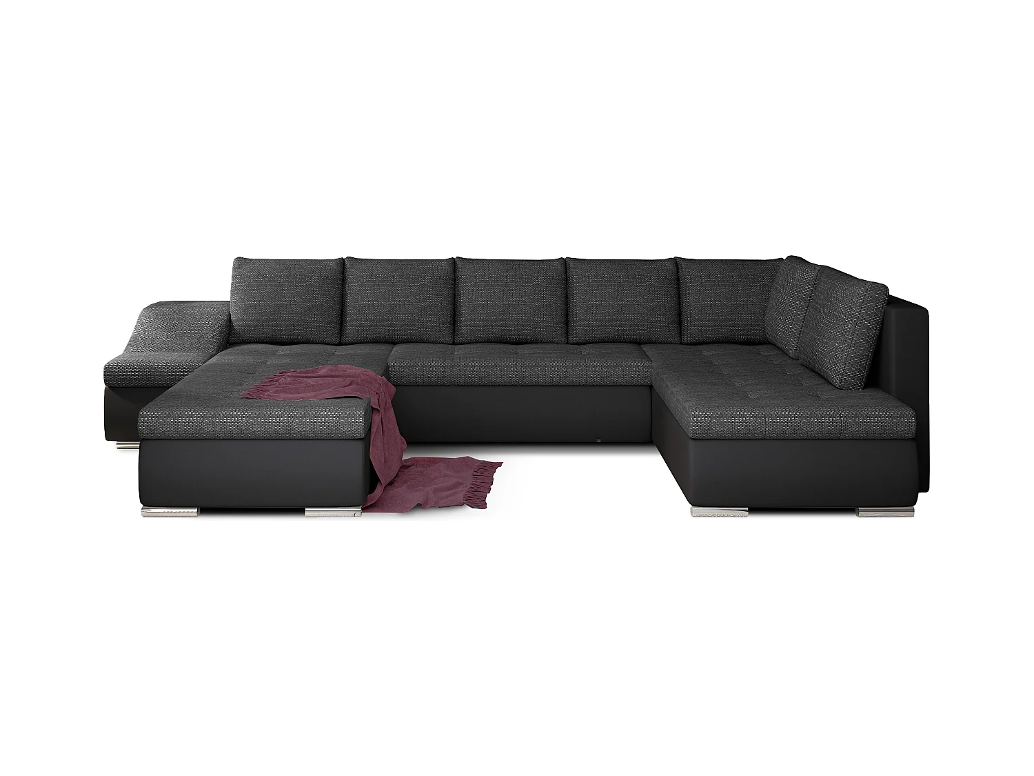 Canapé panoramique convertible JONAZ simili cuir, tissu - Rangement integré-Noir/Noir chiné-Méridienne A gauche