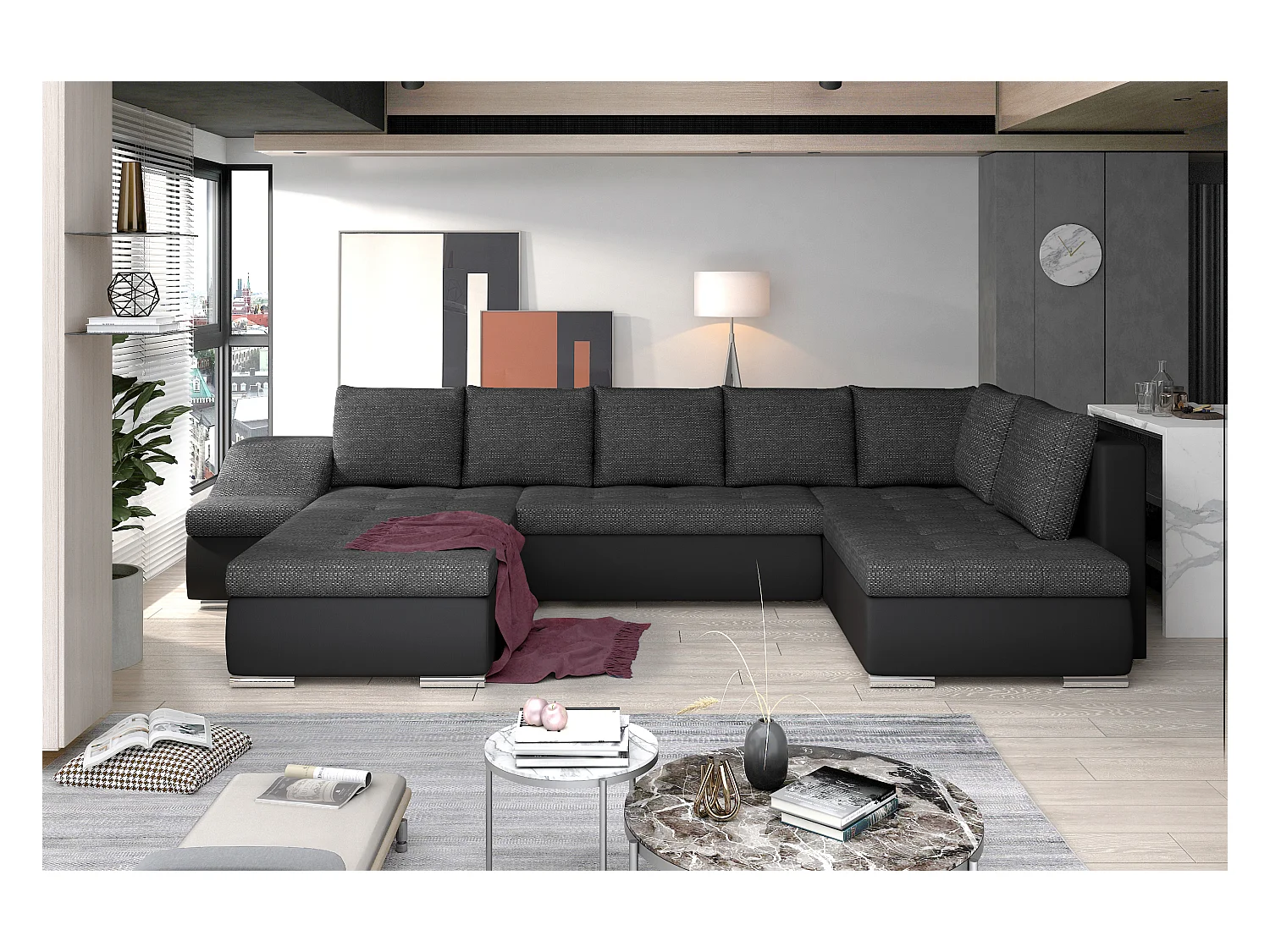 Canapé panoramique convertible JONAZ simili cuir, tissu - Rangement integré-Noir/Noir chiné-Méridienne A gauche