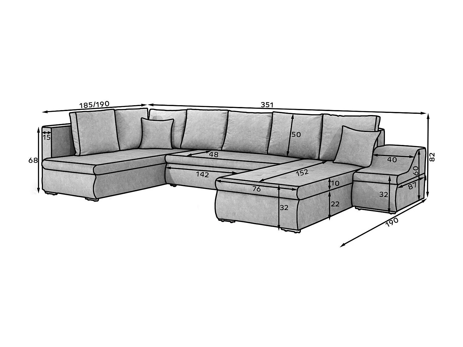 Canapé panoramique convertible JONAZ simili cuir, tissu - Rangement integré-Noir/Noir chiné-Méridienne A gauche