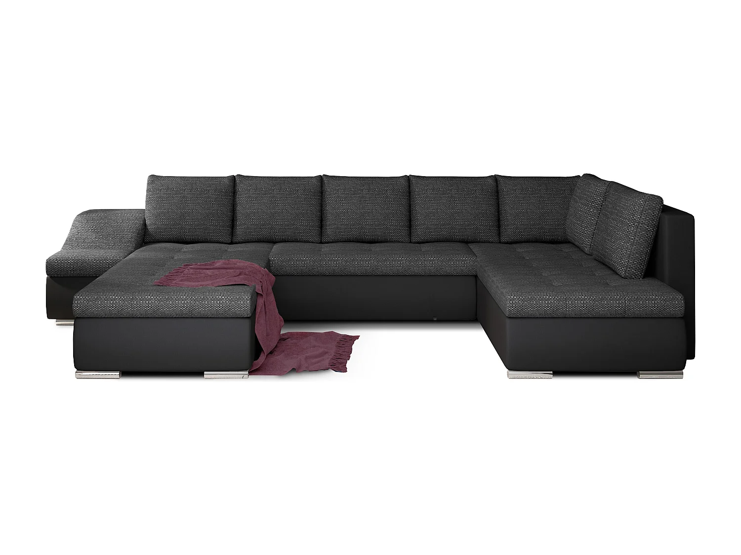 Canapé panoramique convertible JONAZ simili cuir, tissu - Rangement integré-Noir/Noir chiné-Méridienne A gauche