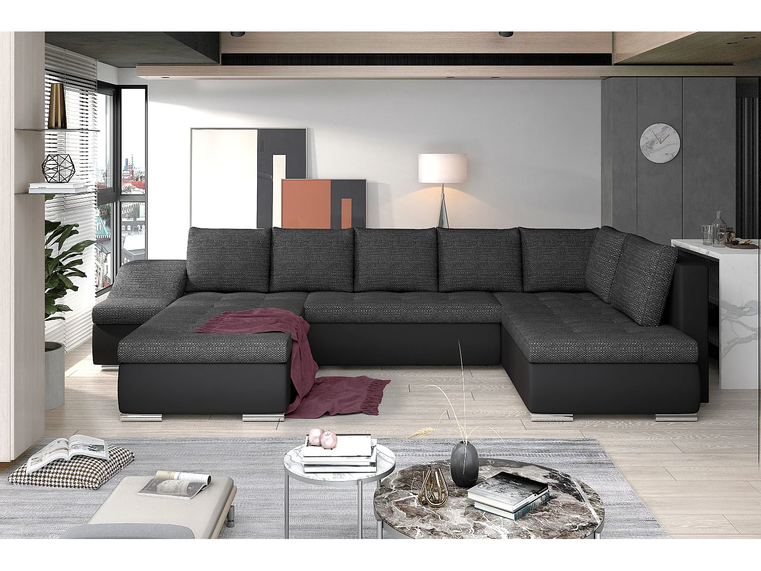 Canapé panoramique convertible JONAZ simili cuir, tissu - Rangement integré-Noir/Noir chiné-Méridienne A gauche