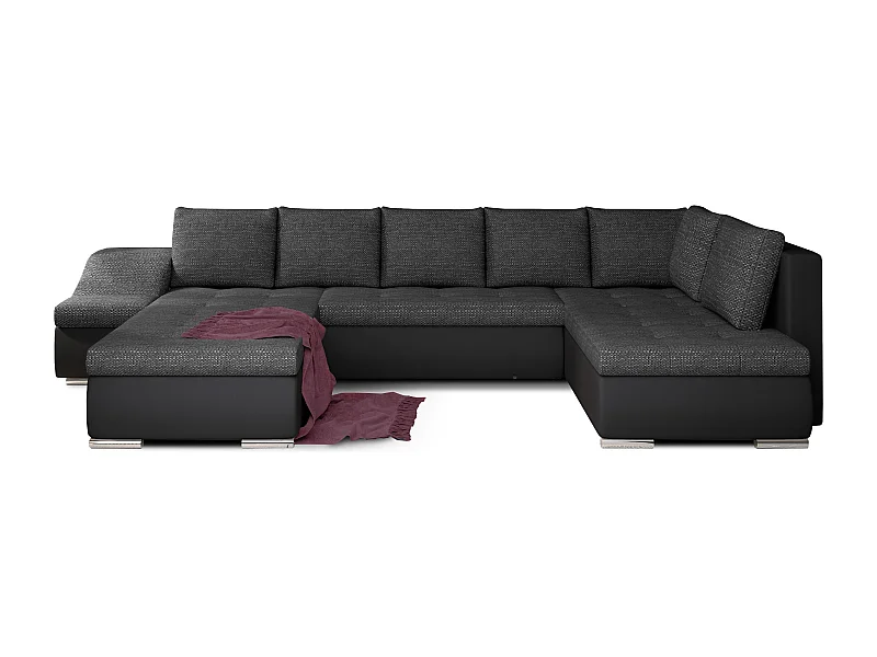 Canapé panoramique convertible JONAZ simili cuir, tissu - Rangement integré-Noir/Noir chiné-Méridienne A gauche