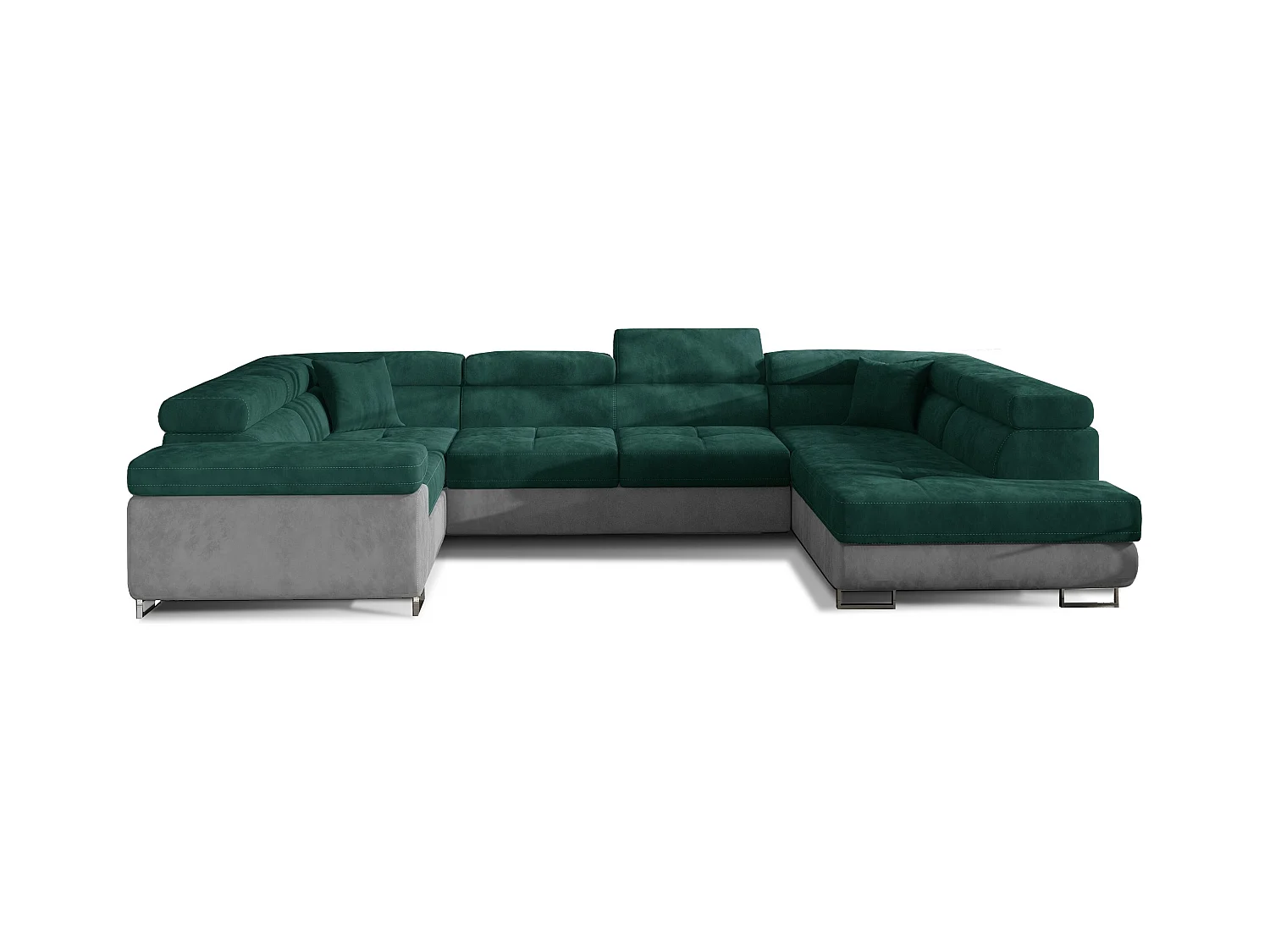 Canapé convertible panoramique TOVY velours - Rangement et têtières réglables-Gris clair/Vert-Coffre à droite