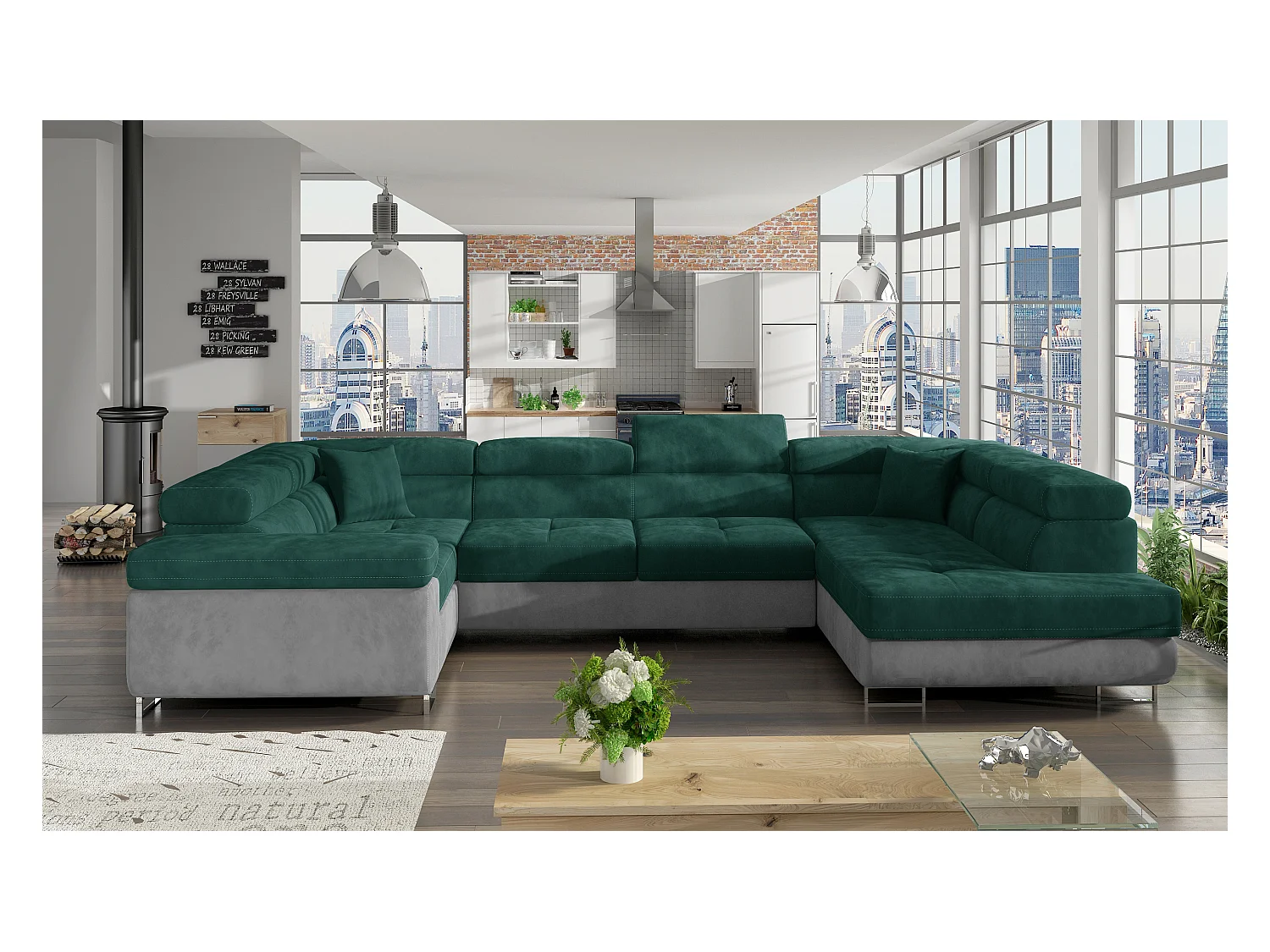 Canapé convertible panoramique TOVY velours - Rangement et têtières réglables-Gris clair/Vert-Coffre à droite