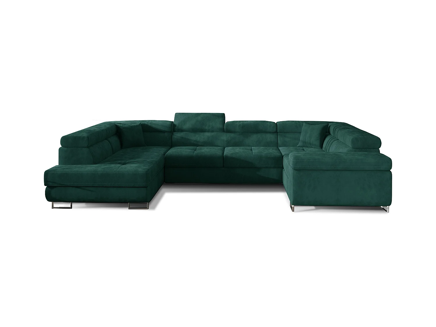 Canapé convertible panoramique TOVY velours - Rangement et têtières réglables-Gris clair/Vert-Coffre à droite