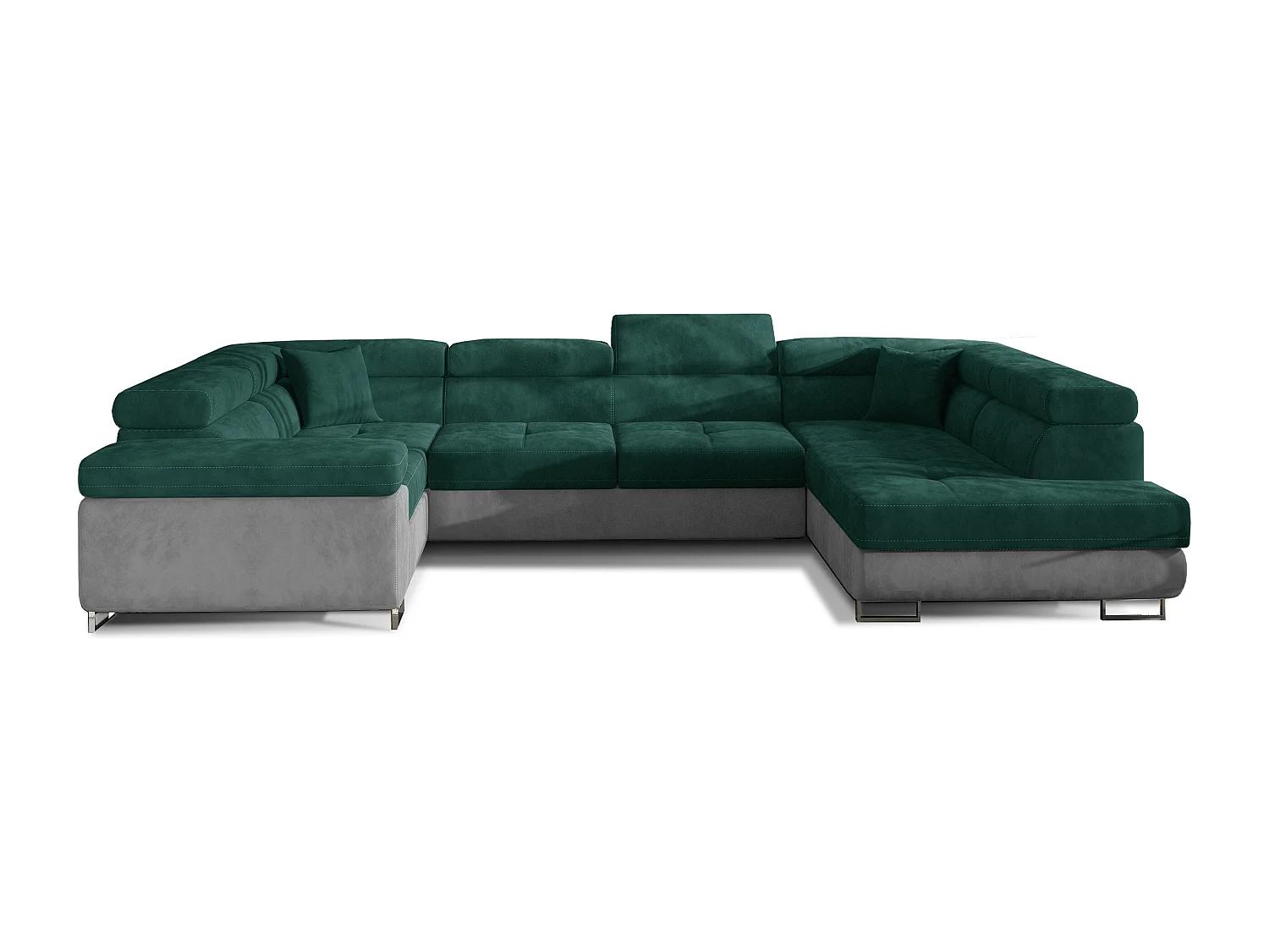 Canapé convertible panoramique TOVY velours - Rangement et têtières réglables-Gris clair/Vert-Coffre à droite