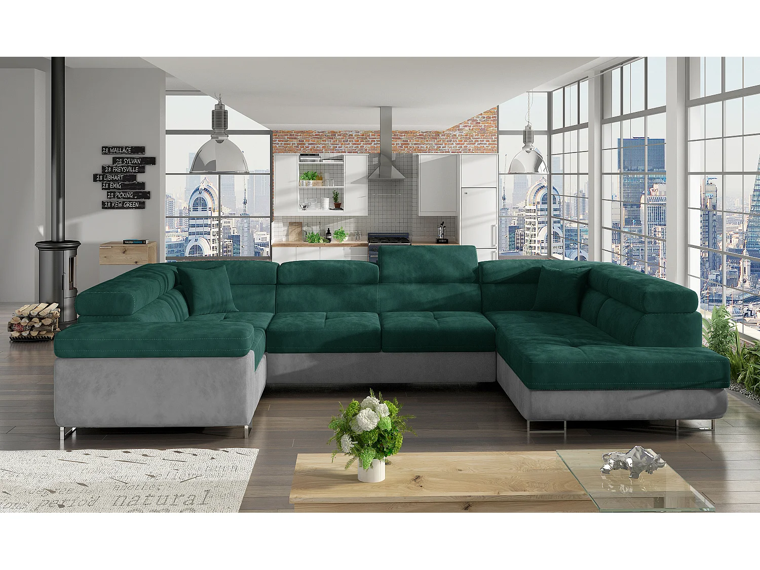 Canapé convertible panoramique TOVY velours - Rangement et têtières réglables-Gris clair/Vert-Coffre à droite