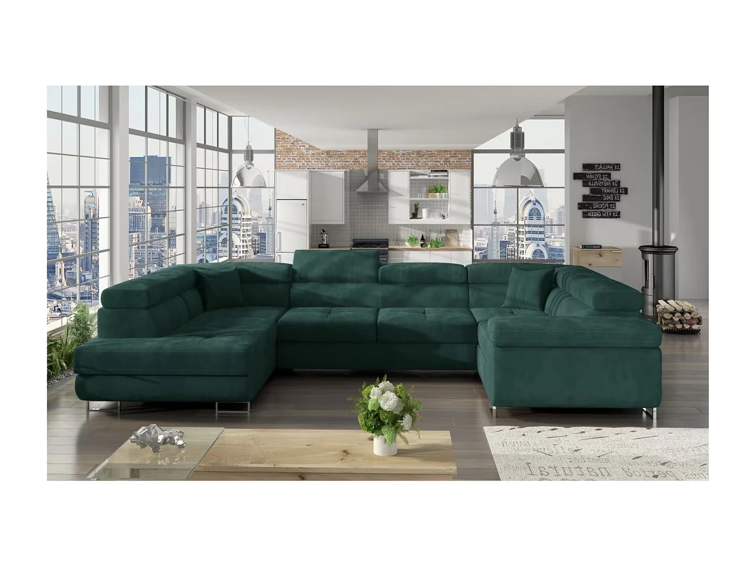 Canapé convertible panoramique TOVY velours - Rangement et têtières réglables-Gris clair/Vert-Coffre à droite