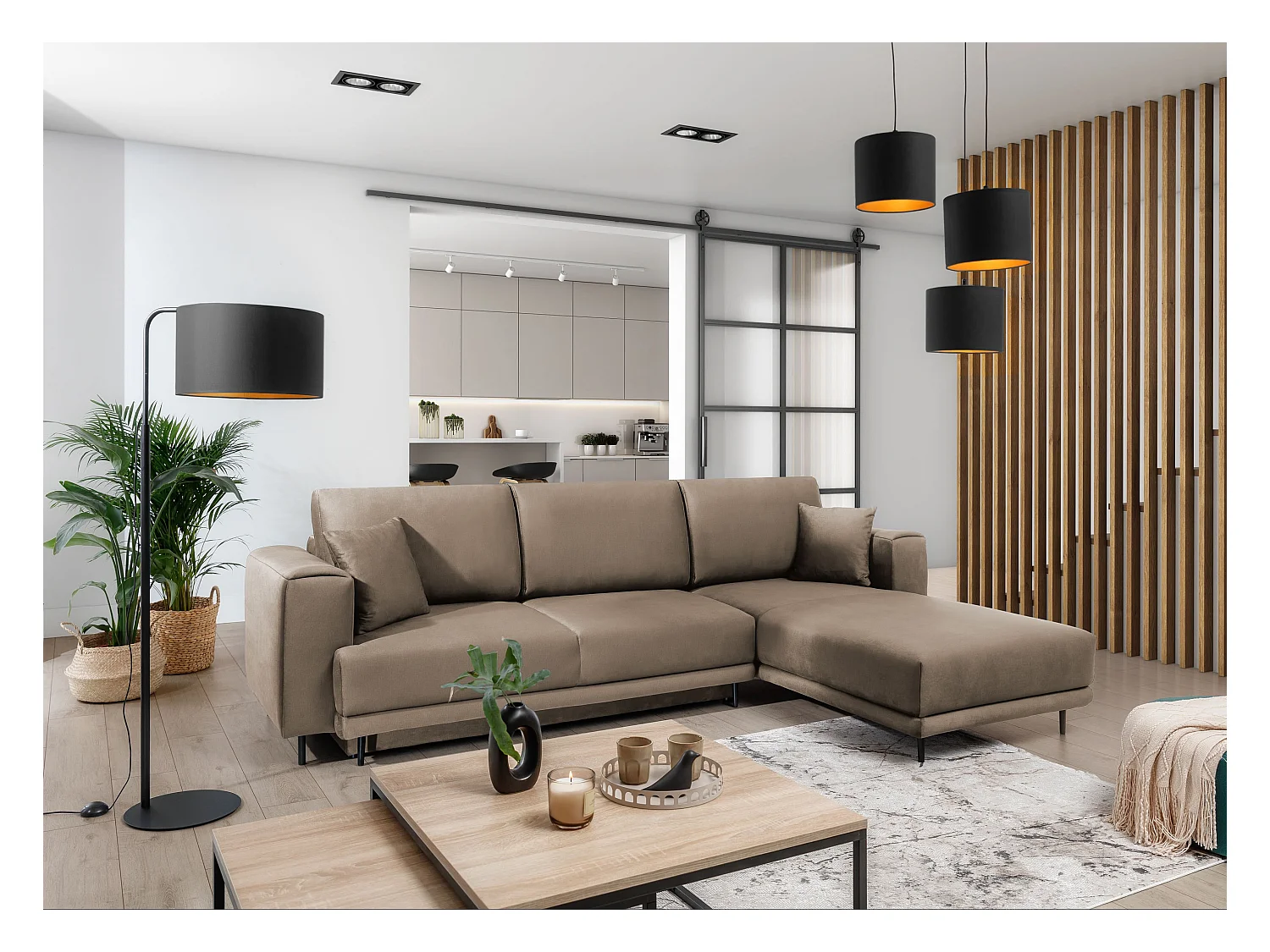 Canapé d'angle convertible velours DAVINA - Coffre et pieds métal noir-Marron clair-angle droit