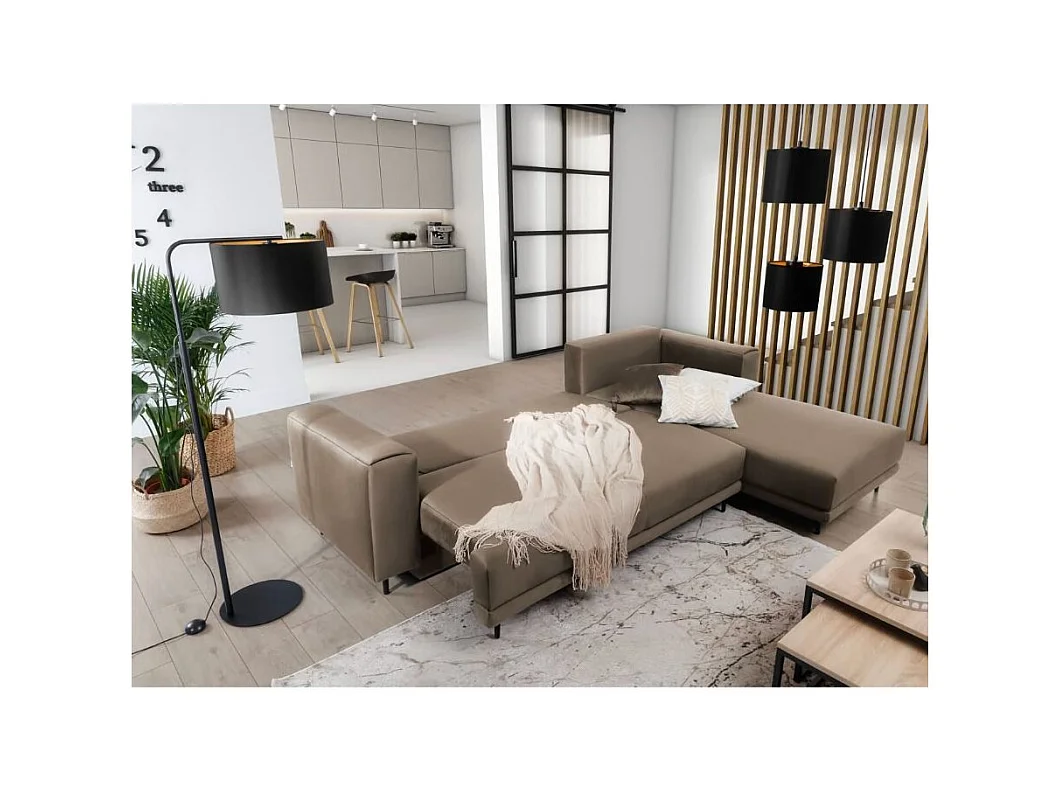 Canapé d'angle convertible velours DAVINA - Coffre et pieds métal noir-Marron clair-angle droit