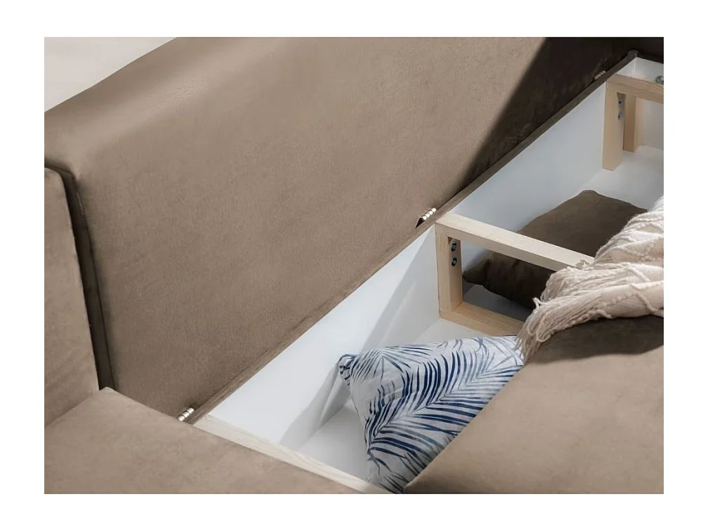 Canapé d'angle convertible velours DAVINA - Coffre et pieds métal noir-Marron clair-angle droit