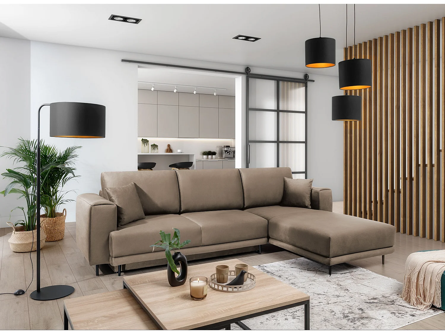 Canapé d'angle convertible velours DAVINA - Coffre et pieds métal noir-Marron clair-angle droit