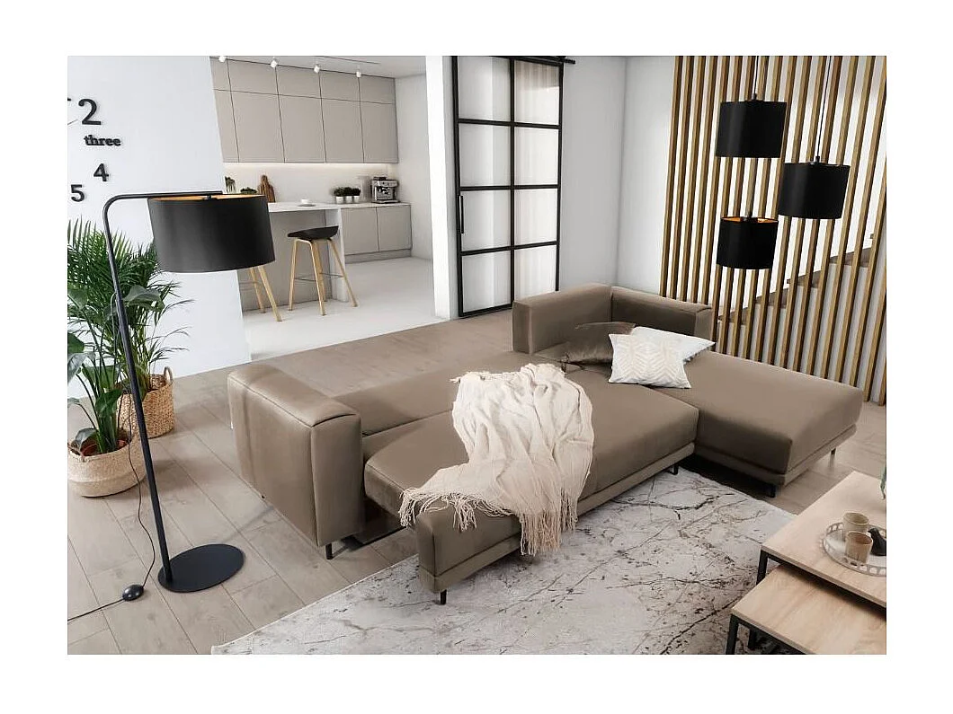 Canapé d'angle convertible velours DAVINA - Coffre et pieds métal noir-Marron clair-angle droit