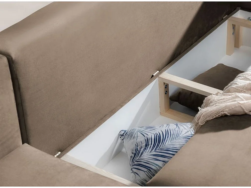 Canapé d'angle convertible velours DAVINA - Coffre et pieds métal noir-Marron clair-angle droit