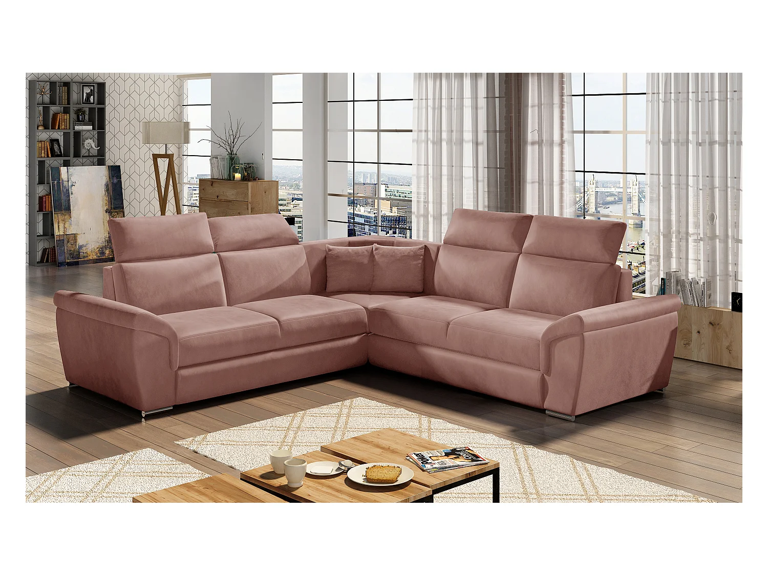 Sofá esquinero Neo reversible y convertible en terciopelo - Patas de acero cromado-Color Rosa viejo