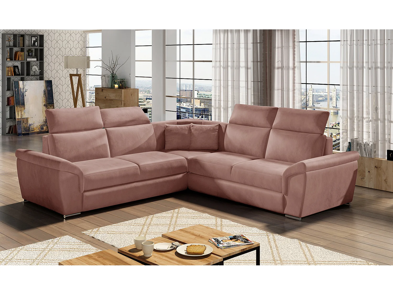 Canapé d'angle réversible et convertible velours Neo - Pieds acier chromé-Vieux rose