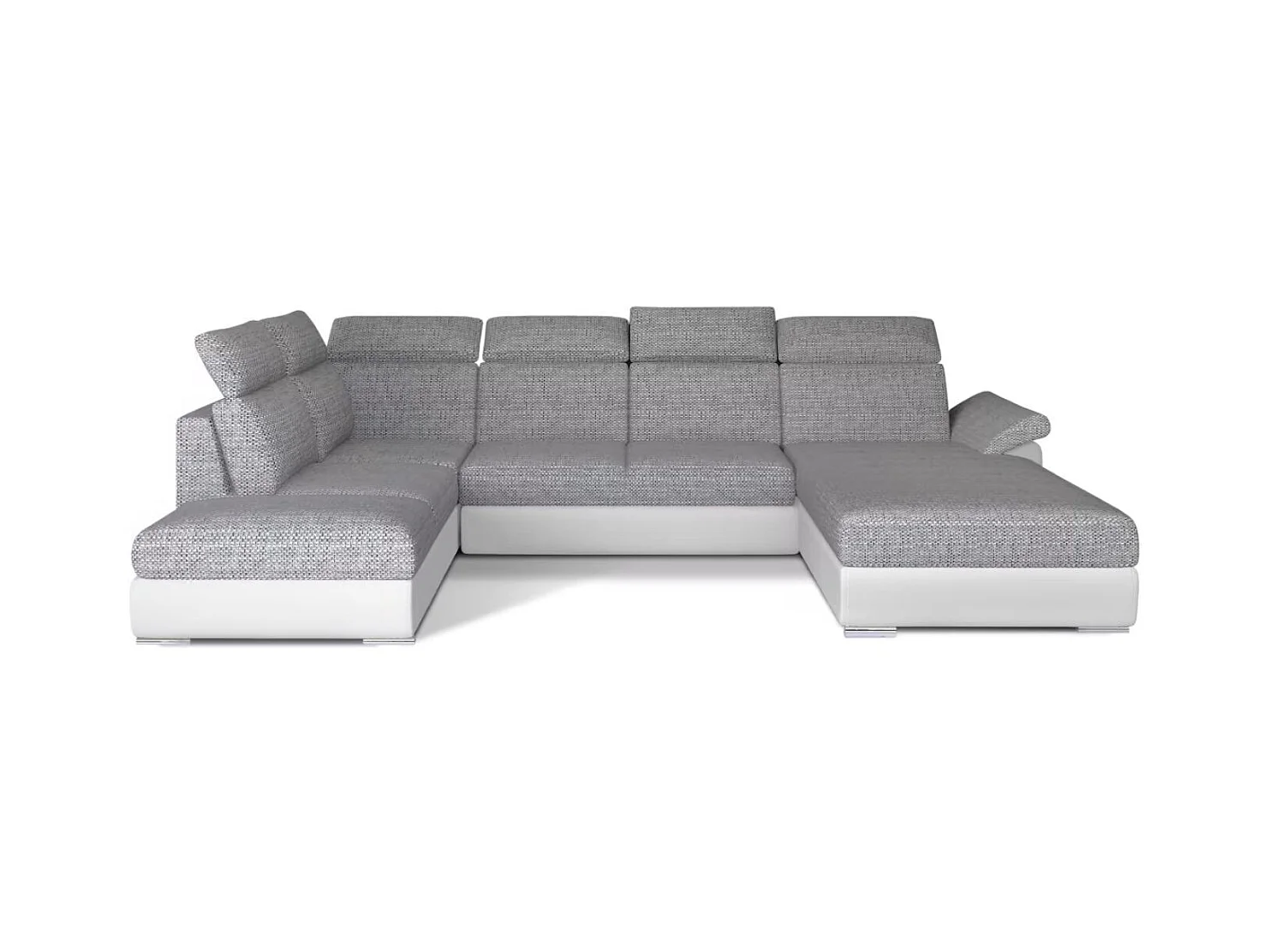 Canapé Convertible Panoramique LEVANO Tissu et Simili Cuir, Têtières-Blanc/Gris clair chiné-Coffre à droite