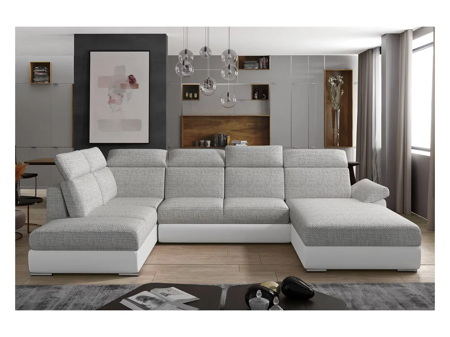 Canapé Convertible Panoramique LEVANO Tissu et Simili Cuir, Têtières-Blanc/Gris clair chiné-Coffre à droite