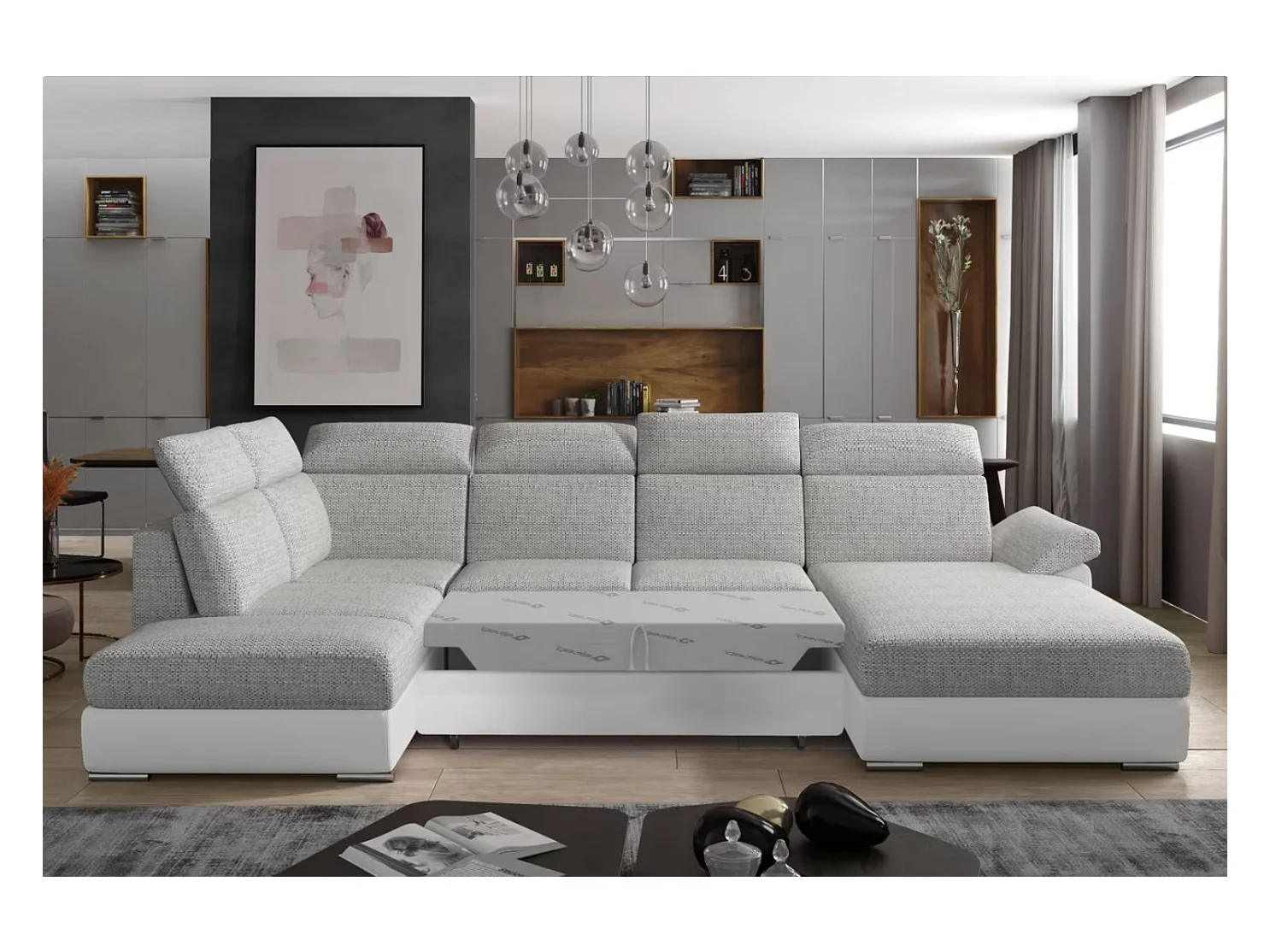 Canapé Convertible Panoramique LEVANO Tissu et Simili Cuir, Têtières-Blanc/Gris clair chiné-Coffre à droite