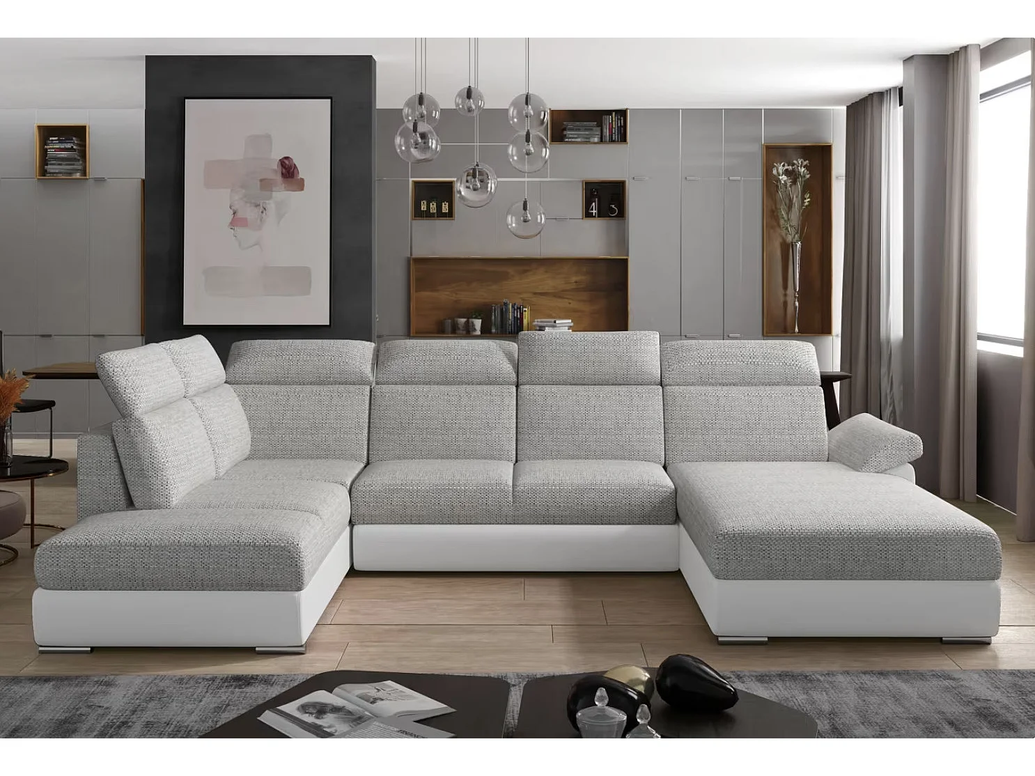 Canapé Convertible Panoramique LEVANO Tissu et Simili Cuir, Têtières-Blanc/Gris clair chiné-Coffre à droite