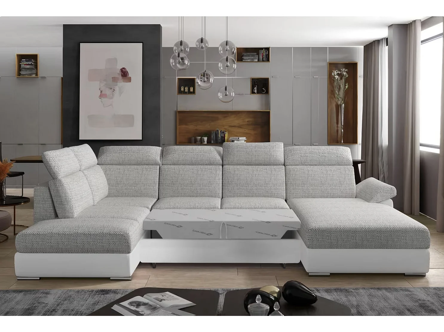 Canapé Convertible Panoramique LEVANO Tissu et Simili Cuir, Têtières-Blanc/Gris clair chiné-Coffre à droite